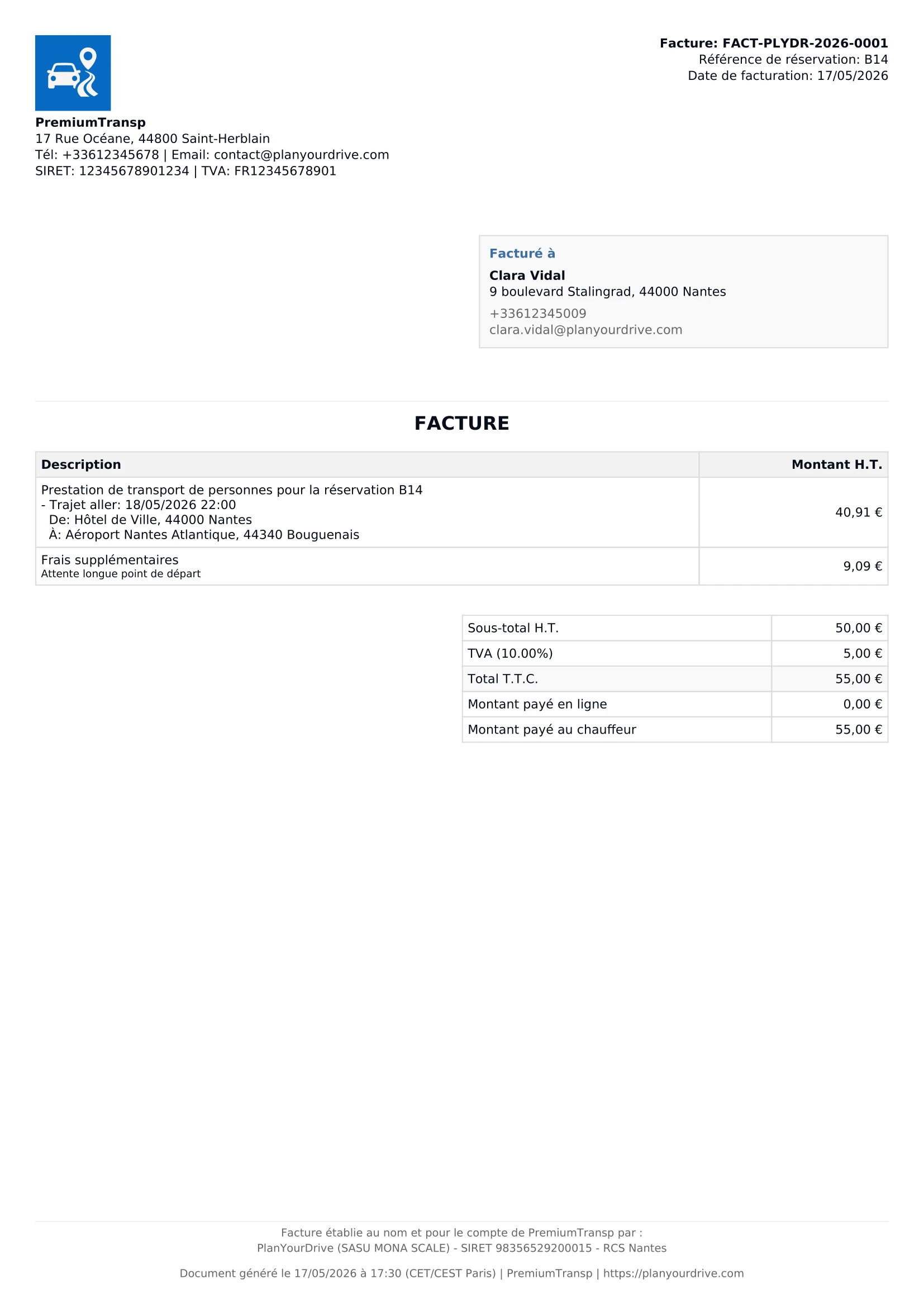 Facture VTC en PDF générée automatiquement par PlanYourDrive