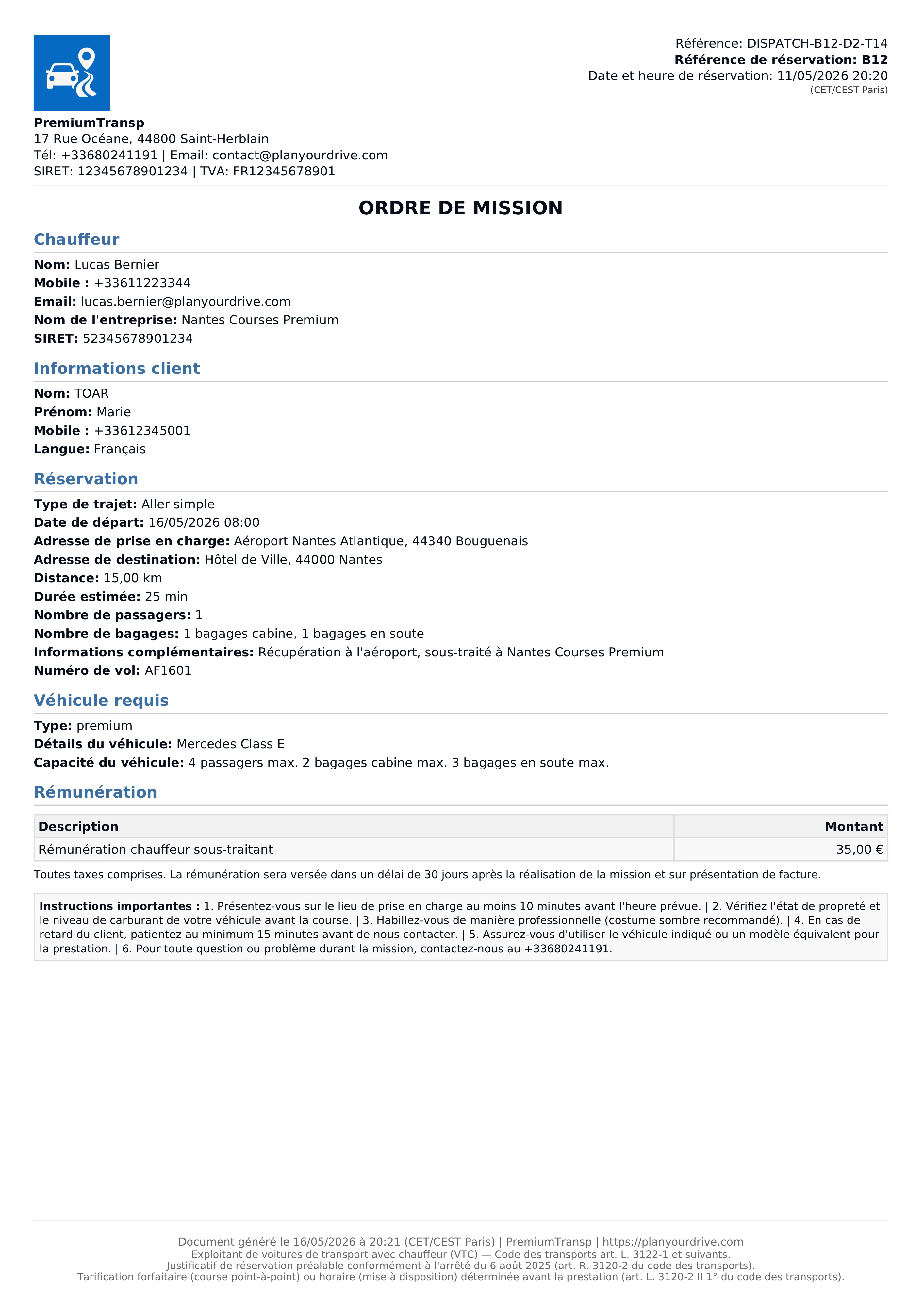 Ordre de mission PDF pour chauffeur taxi