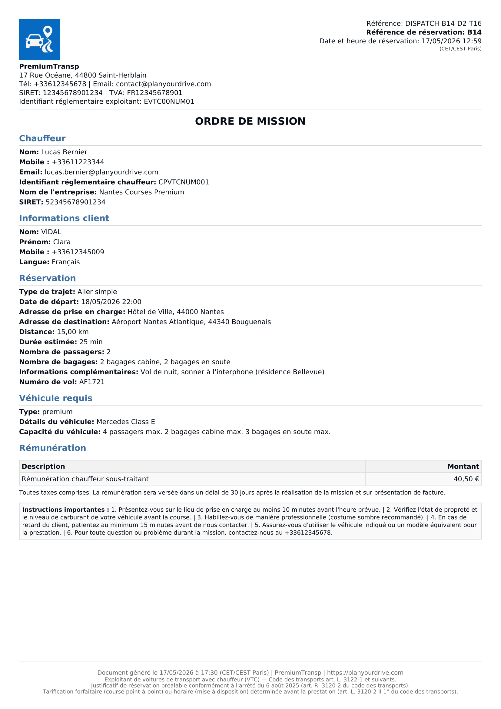 Ordre de mission VTC PDF pour chauffeur partenaire
